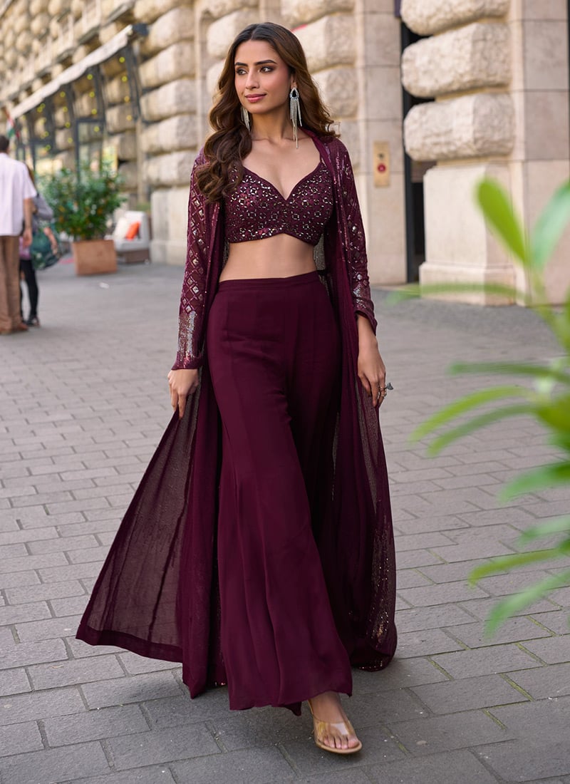 Wine Georgette Embroidered Sequins With Stone Work Indowestern Jacket Palazzo Set Wedding Wear