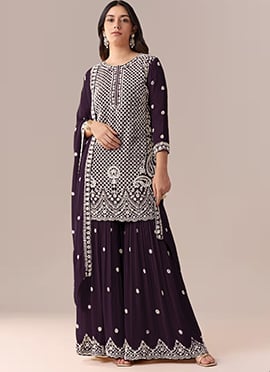 Wine Georgette Embroidered Sharara Suit