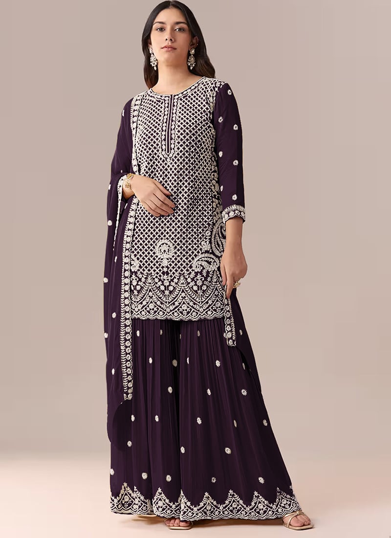 Wine Georgette Embroidered Sharara Suit Festive Wear