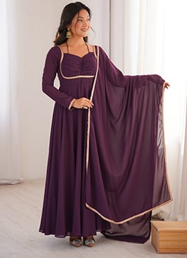 Wine Georgette Fancy Lace Work Anarkali Suit