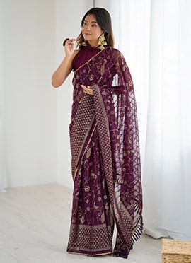 Wine Georgette Foil Print Saree After Six Wear