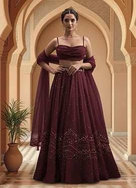 Wine Georgette Hand Embroidered Sequins Lehenga