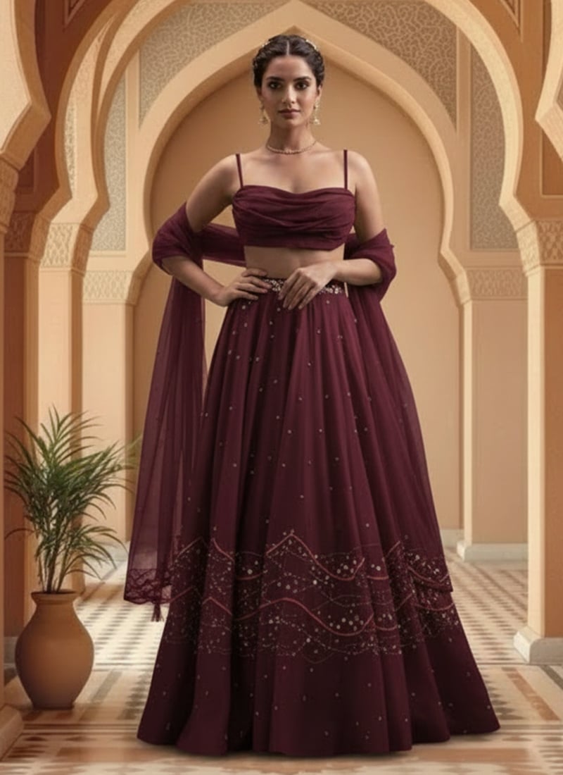Wine Georgette Hand Embroidered Sequins Lehenga Wedding Wear
