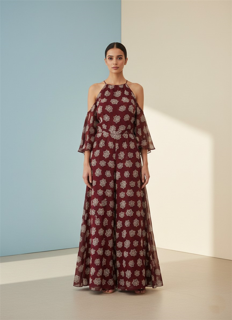 Wine Georgette Indo Western Jumpsuit After Six Wear