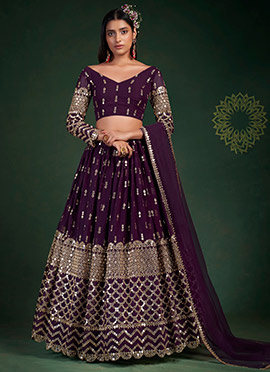Wine Georgette Mirror Embroidery Umbrella Lehenga