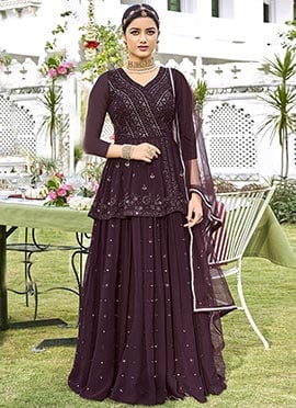 Wine Georgette Mirror Work Umbrella Lehenga