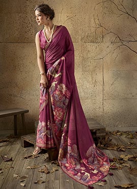Wine Georgette Printed Saree