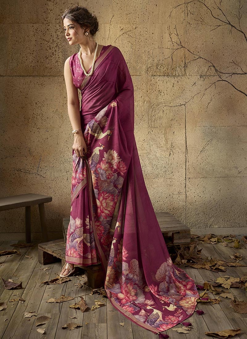 Wine Georgette Printed Saree Leisure Wear