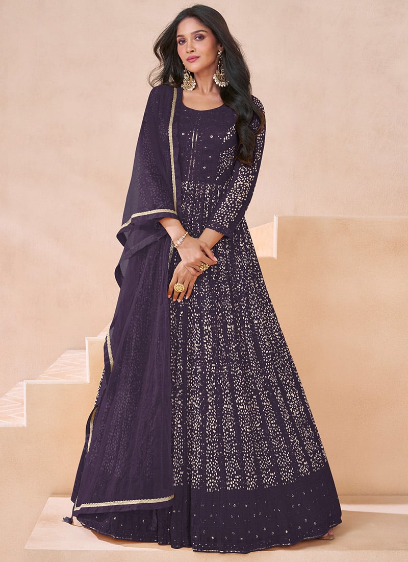 Wine Georgette Printed Sequins Anarkali Suit Festive Wear