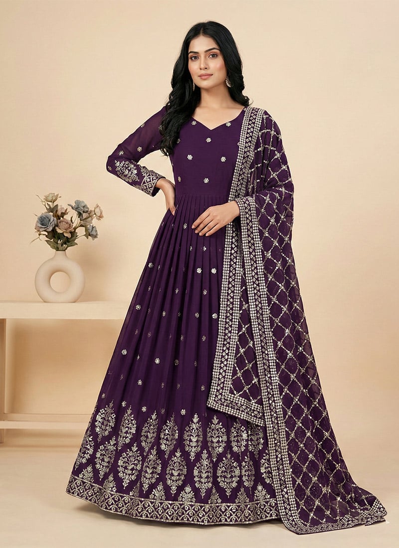 Wine Georgette Sequins Embroidered Anarkali Suit Festive Wear