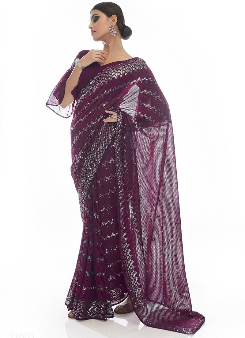 Wine Georgette Sequins Embroidered Saree Party Wear