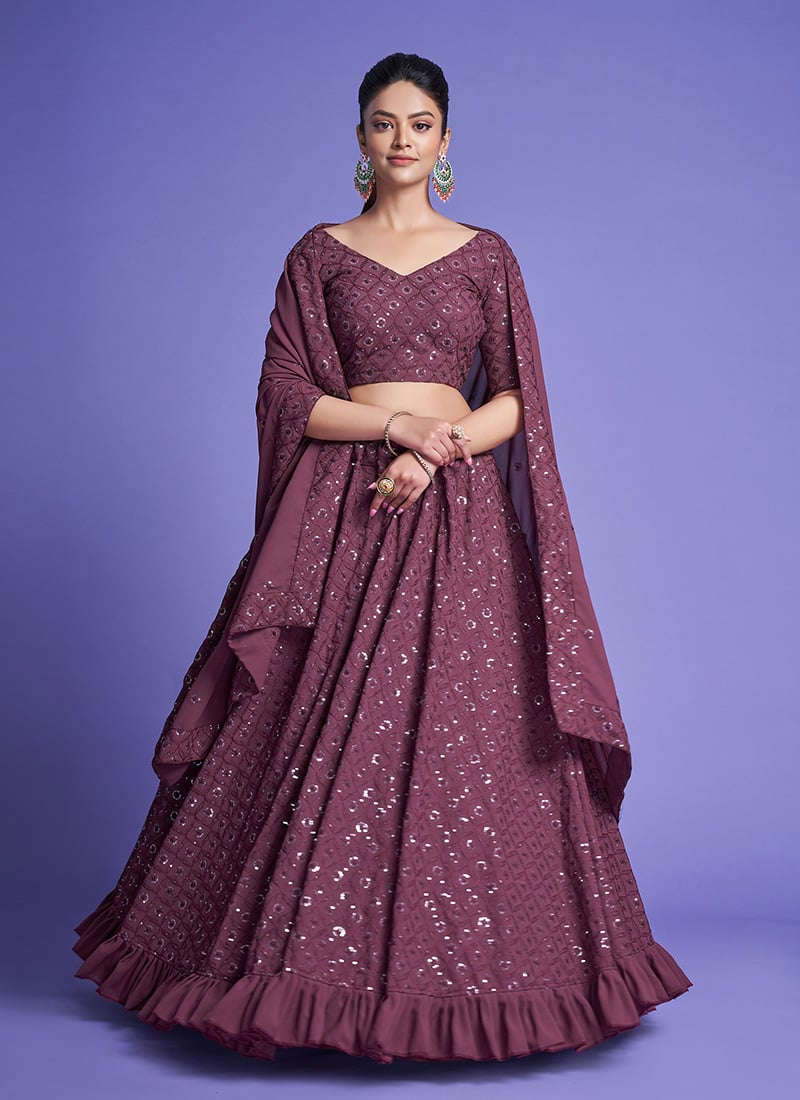 Mauve Georgette Sequins Embroidery Umbrella Lehenga Choli Party Wear