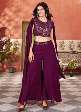Wine Georgette Sequins Indowestern Palazzo Set