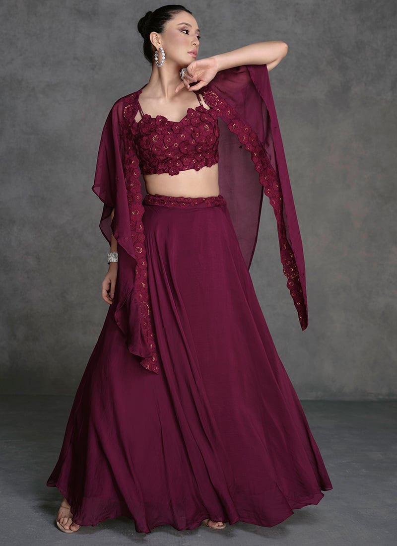 Wine Georgette Sequins Stunning Indowestern Skirt Set Wedding Wear