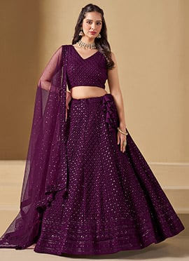 Wine Georgette Sequins Thread Embroidered Umbrella Lehenga Wedding Wear