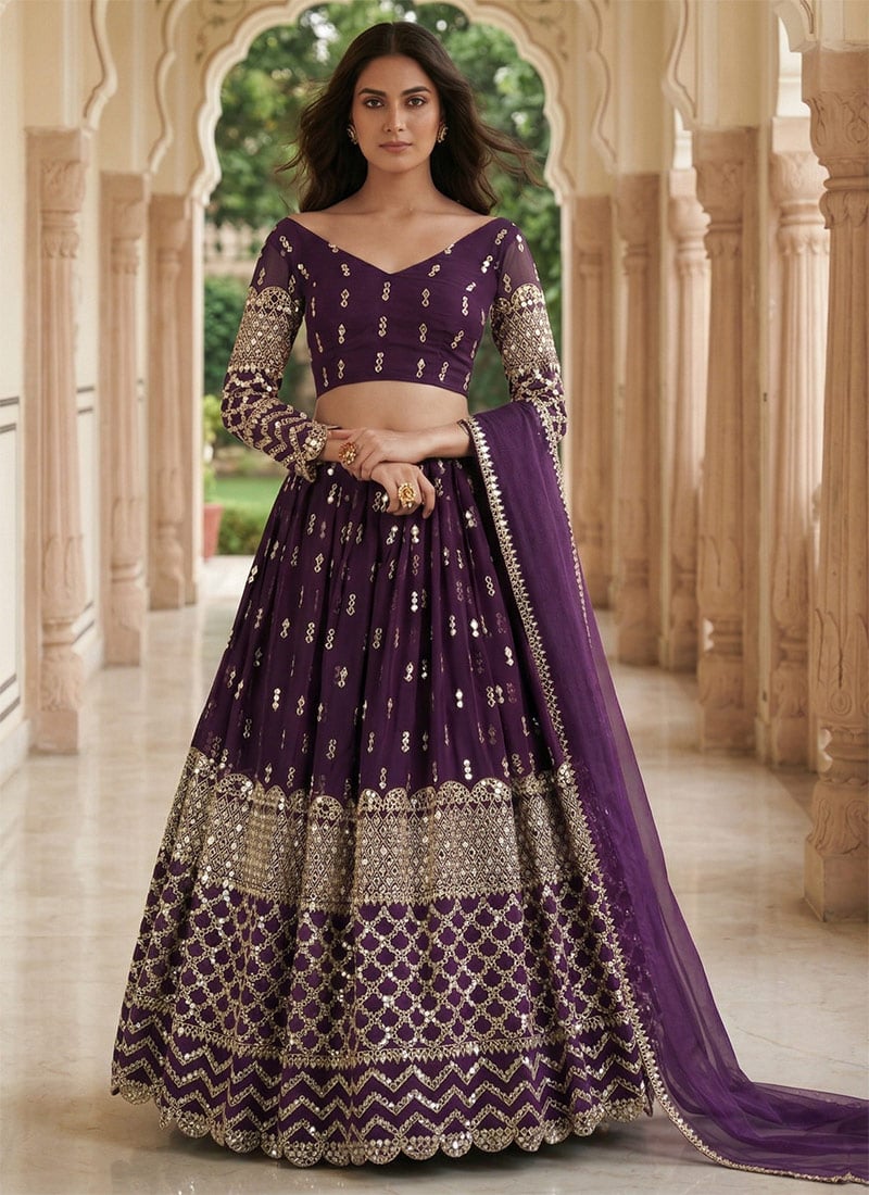 Wine Georgette Sequins Zari Embroidered Lehenga Wedding Wear