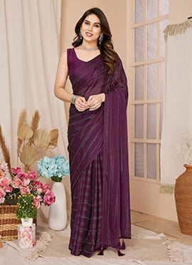 Wine Georgette Stone Embossed Pre Draped Elegant Saree With Blouse