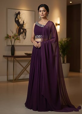 Wine Georgette Stones And Hand Embroidered Lehenga