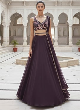 Wine Georgette Stones Beads Hand Embroidered A Line Lehenga