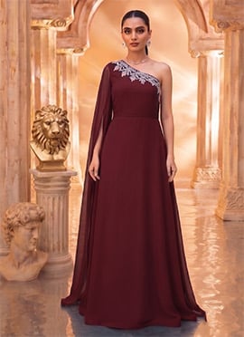Wine Georgette Zardosi Embroidered Sequins With Stones Indo Western Gown