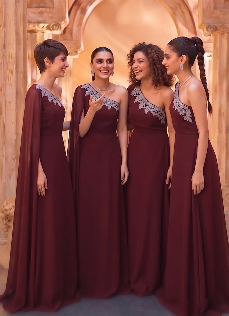 Wine Georgette Zardosi Embroidered Sequins With Stones Indo Western Gown After Six Wear