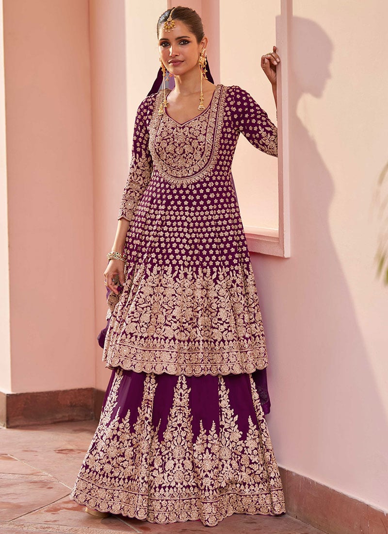 Wine Georgette Zari Embroidered Sequins Anarkali Lehenga Wedding Wear