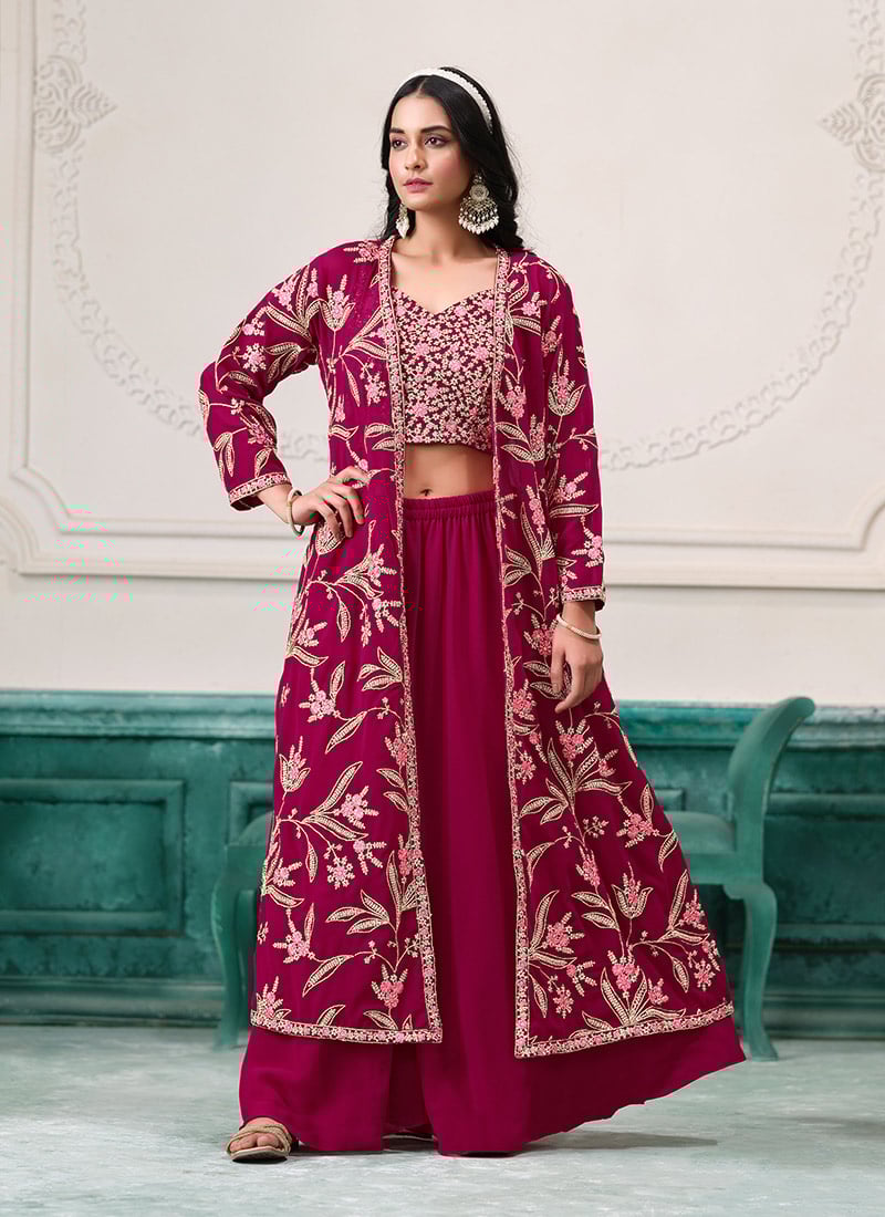 Wine Georgette Zari Embroidered Sequins Indowestern Jacket Palazzo Set
