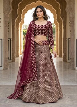 Wine Georgette Zari Embroidered Sequins Lehenga