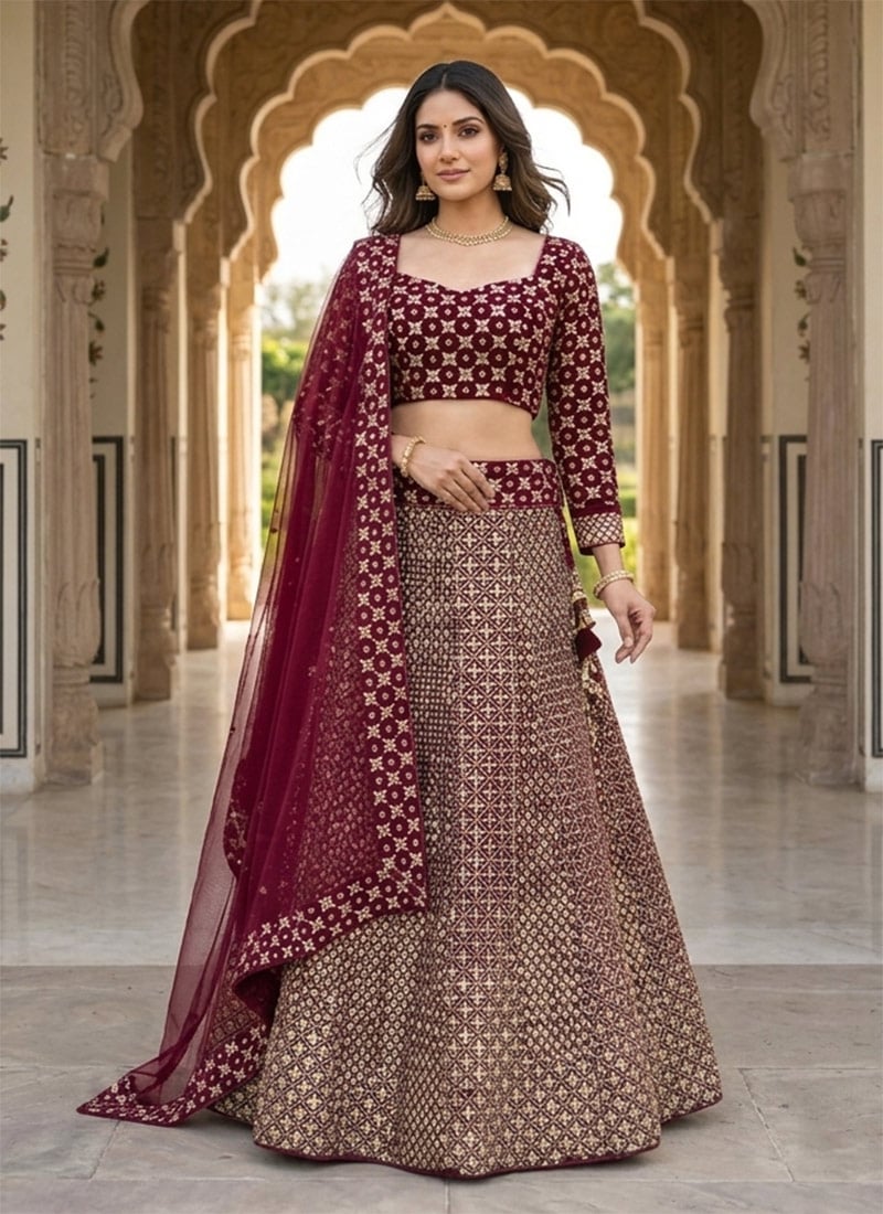 Wine Georgette Zari Embroidered Sequins Lehenga Wedding Wear