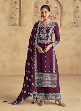Wine Georgette Zari Embroidered Sequins Palazzo Suit