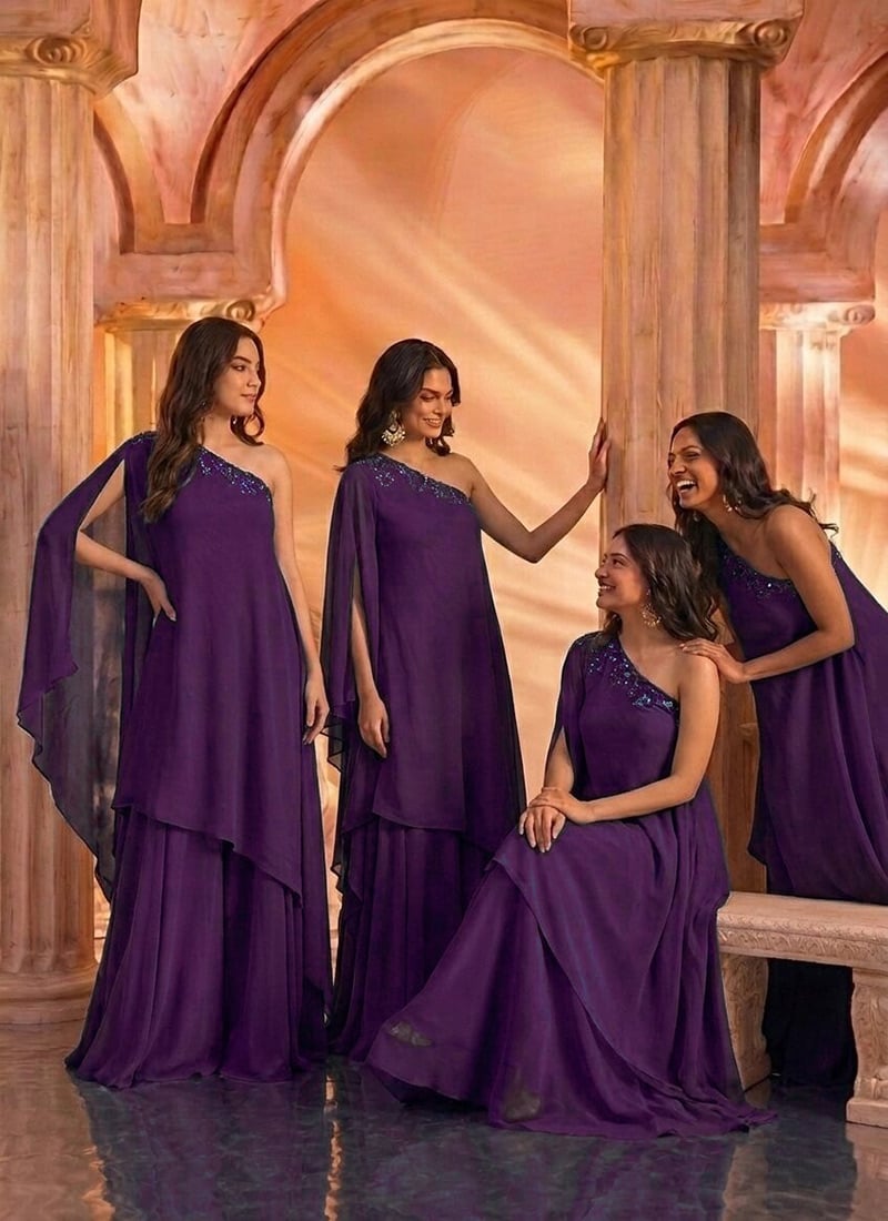 Wine Georgette Zari Embroidered Sequins With Stone Work Indo Western Set After Six Wear