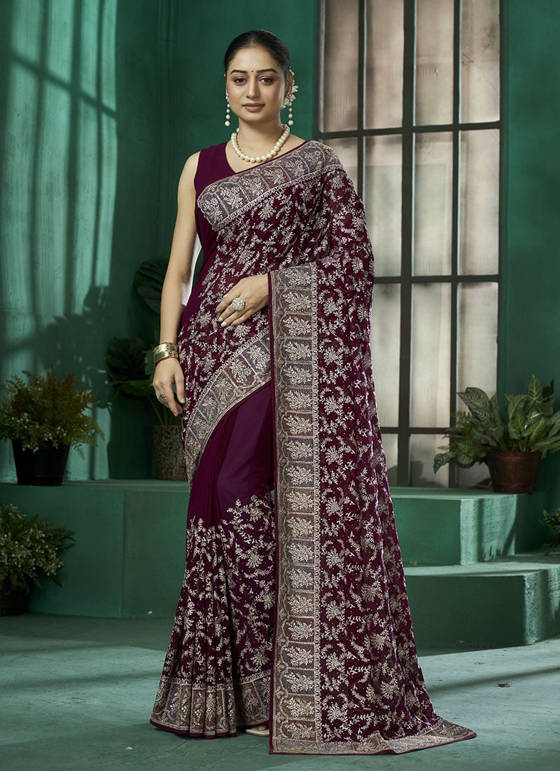 Wine Georgette Zari Embroidered Stone Saree Wedding Wear-SASRJFK1931WI