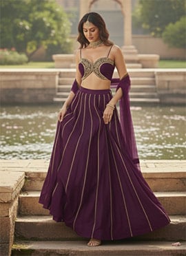 Wine Georgette Zari Hand Embroidered Sequins With Stone Work Lehenga