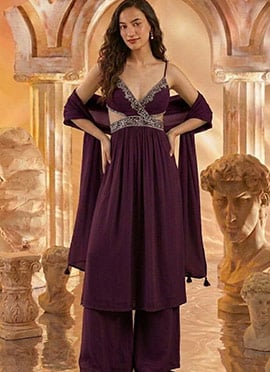 Wine Georgette Zari Hand Embroidered Stone With Beads Work Palazzo Suit