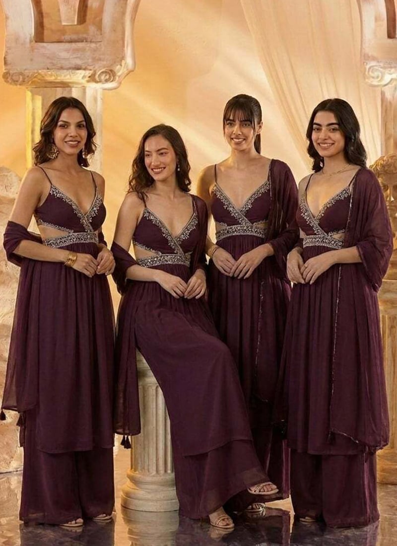 Wine Georgette Zari Hand Embroidered Stone With Beads Work Palazzo Suit After Six Wear
