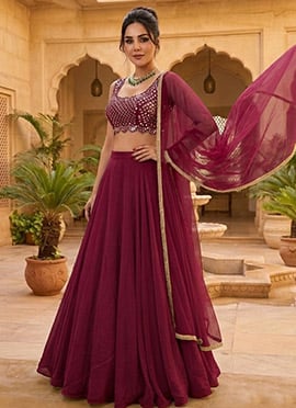 Wine Georgette Zari Mirror Work Hand Embroidered Elegant Lehenga