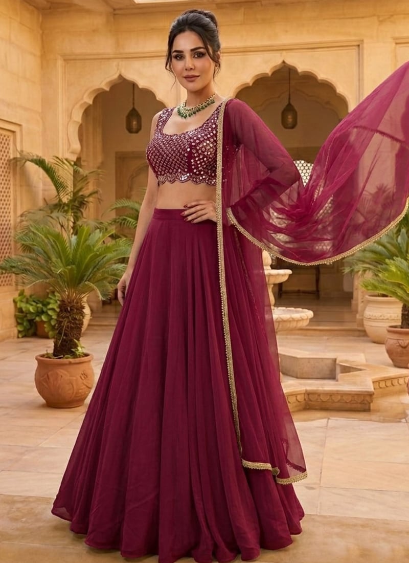 Wine Georgette Zari Mirror Work Hand Embroidered Elegant Lehenga Wedding Wear