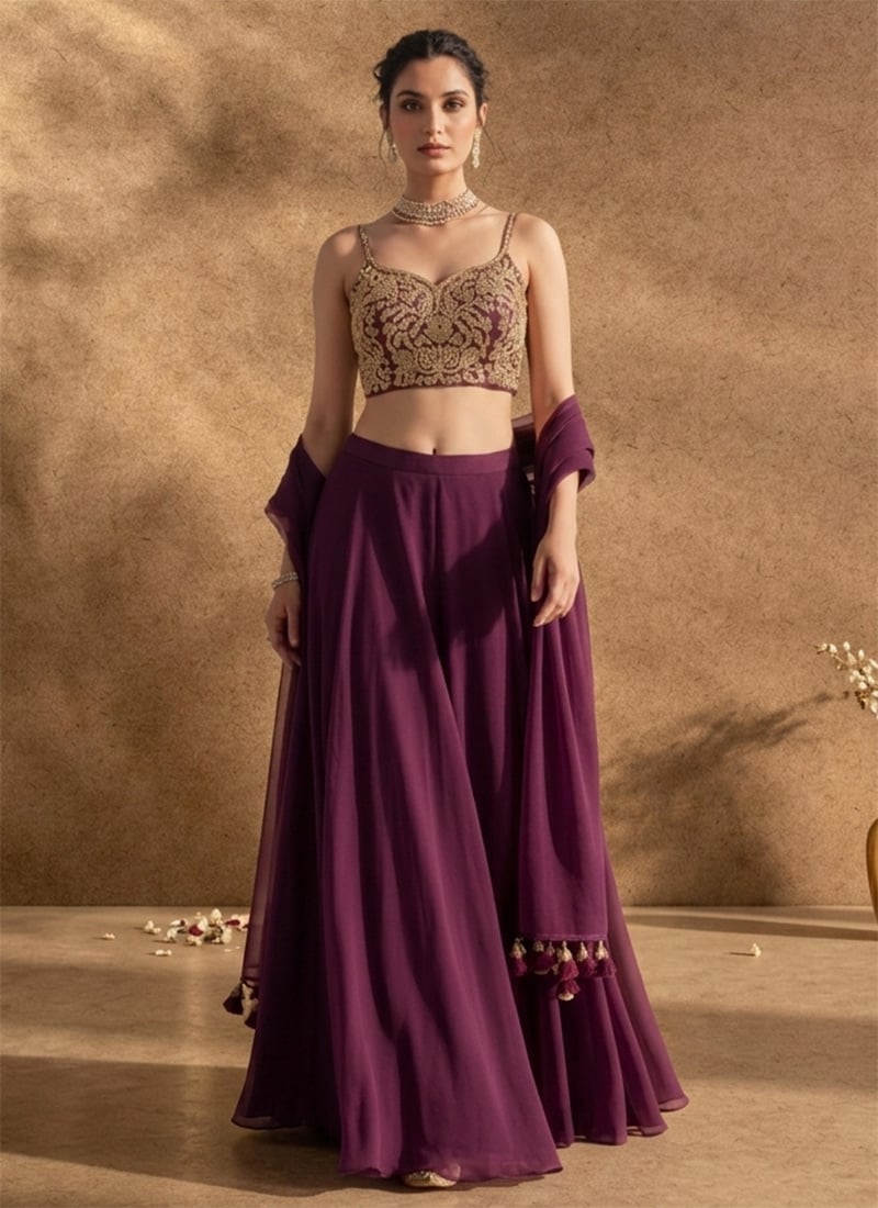 Wine Georgette Zari Sequins Lehenga Wedding Wear