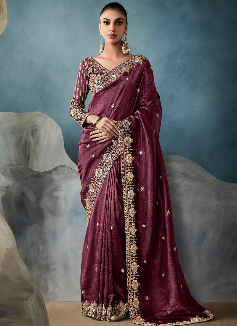 Wine Glass Tissue Zari Embroidered Sequins Saree Wedding Wear