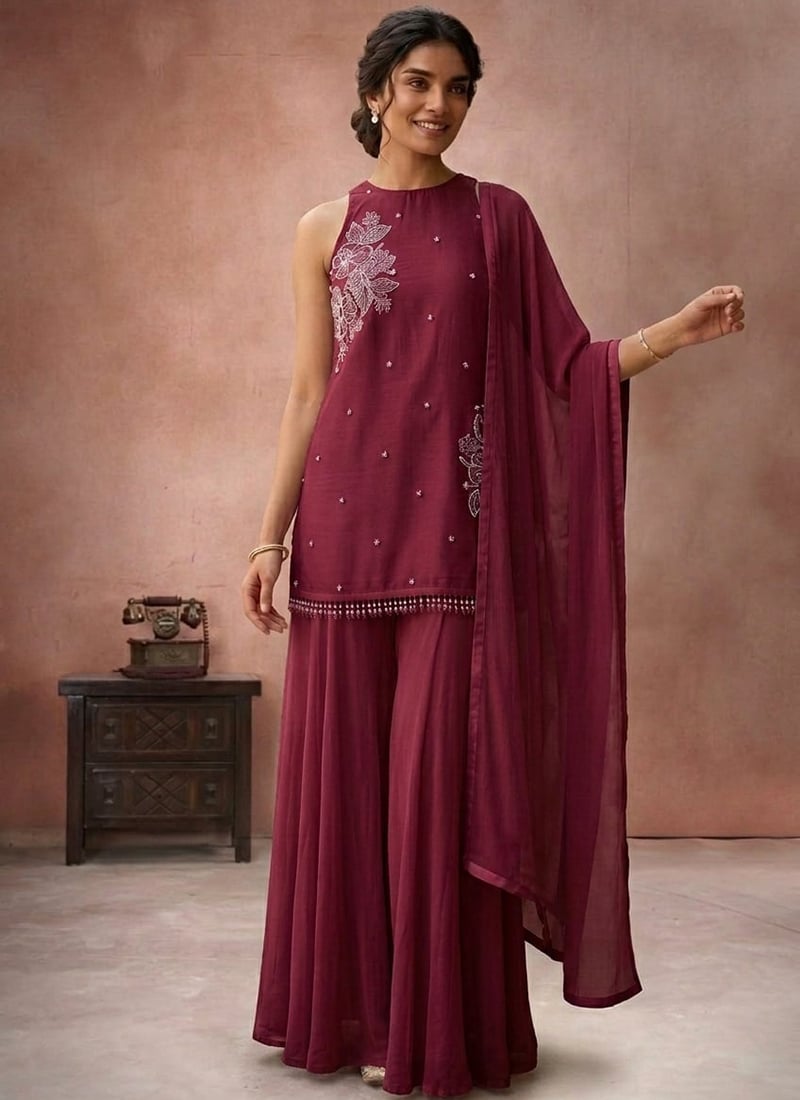 Wine Hand Embroidered With Beads Work Georgette Palazzo Suit Festive Wear
