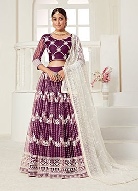 Wine Heavy Net Sequins Embroidery Umbrella Lehenga