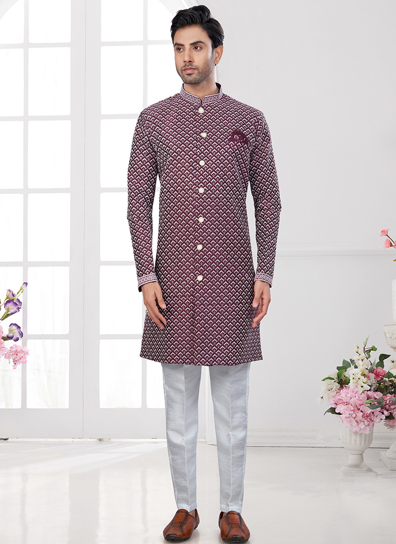 Wine Imported Silk Embroidered Sequins Indowestern Sherwani Festive Wear