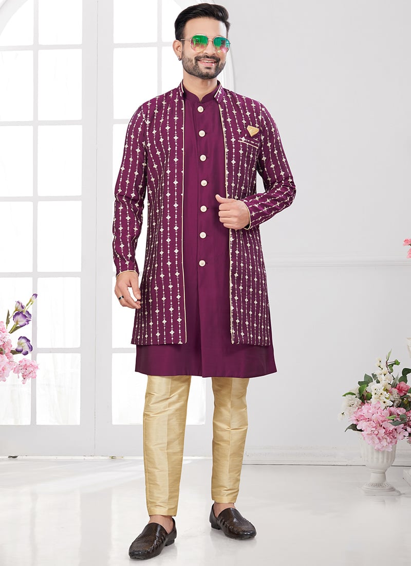 Wine Imported Silk Embroidered Sequins Indowestern Sherwani Wedding Wear