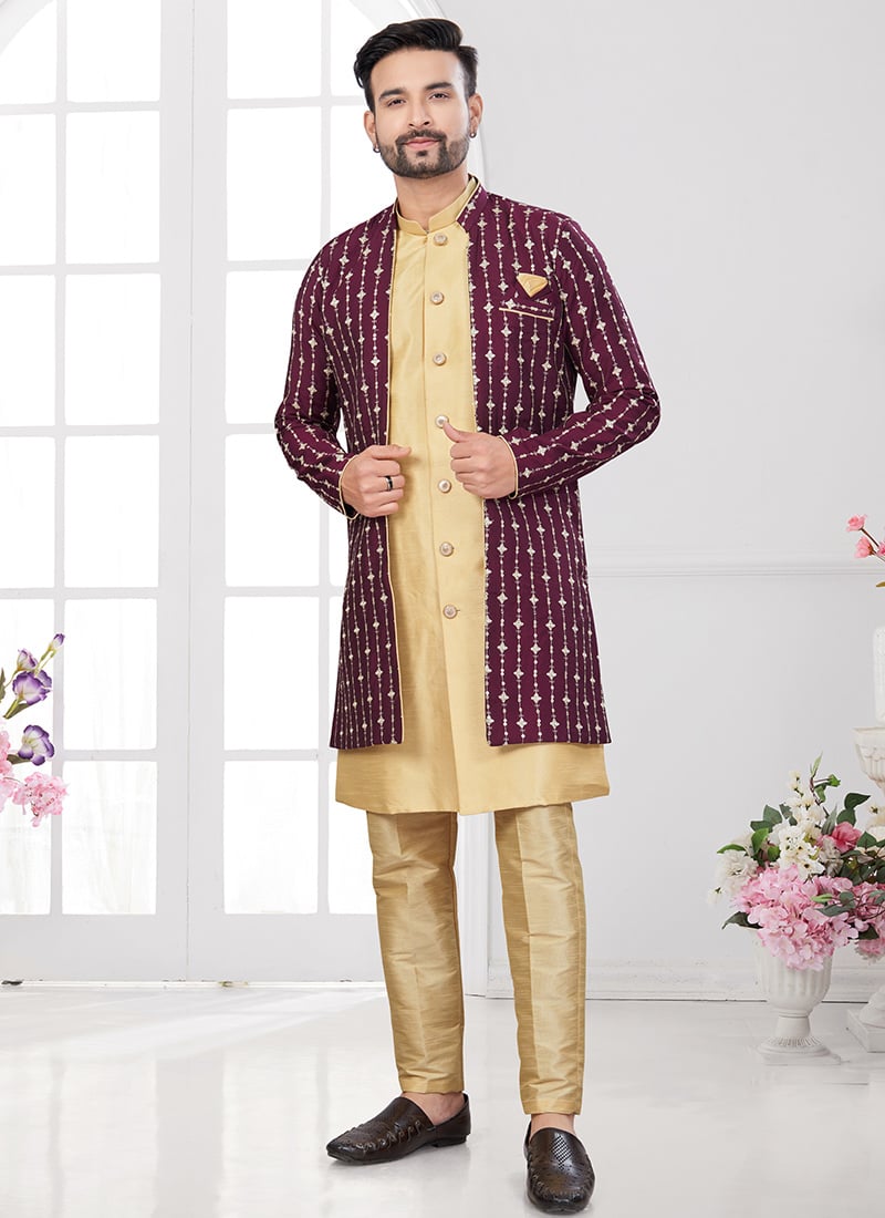 Wine Imported Silk Embroidered Sequins Indowestern Sherwani Wedding Wear