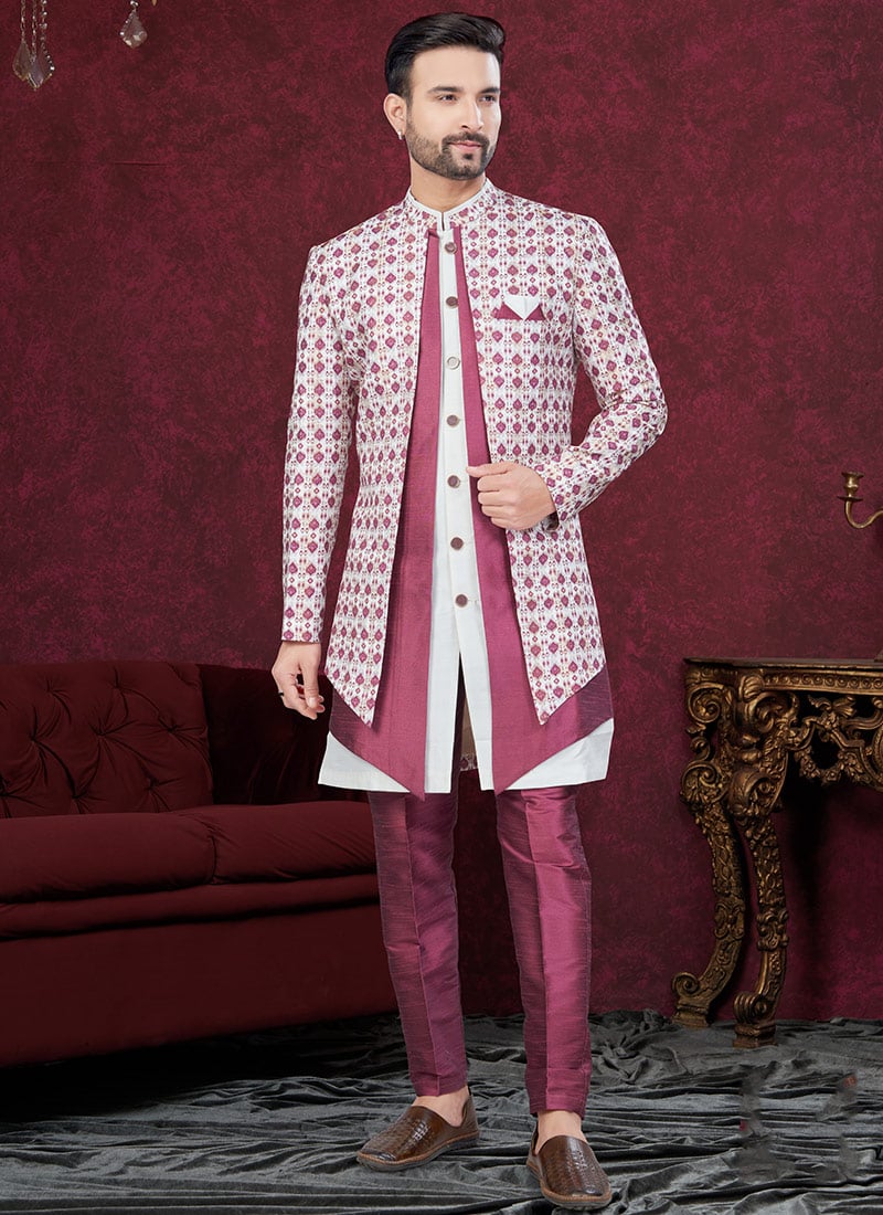Wine Jacqard Banarasi Silk Digital Print Thread Work Indowestern Sherwani Wedding Wear