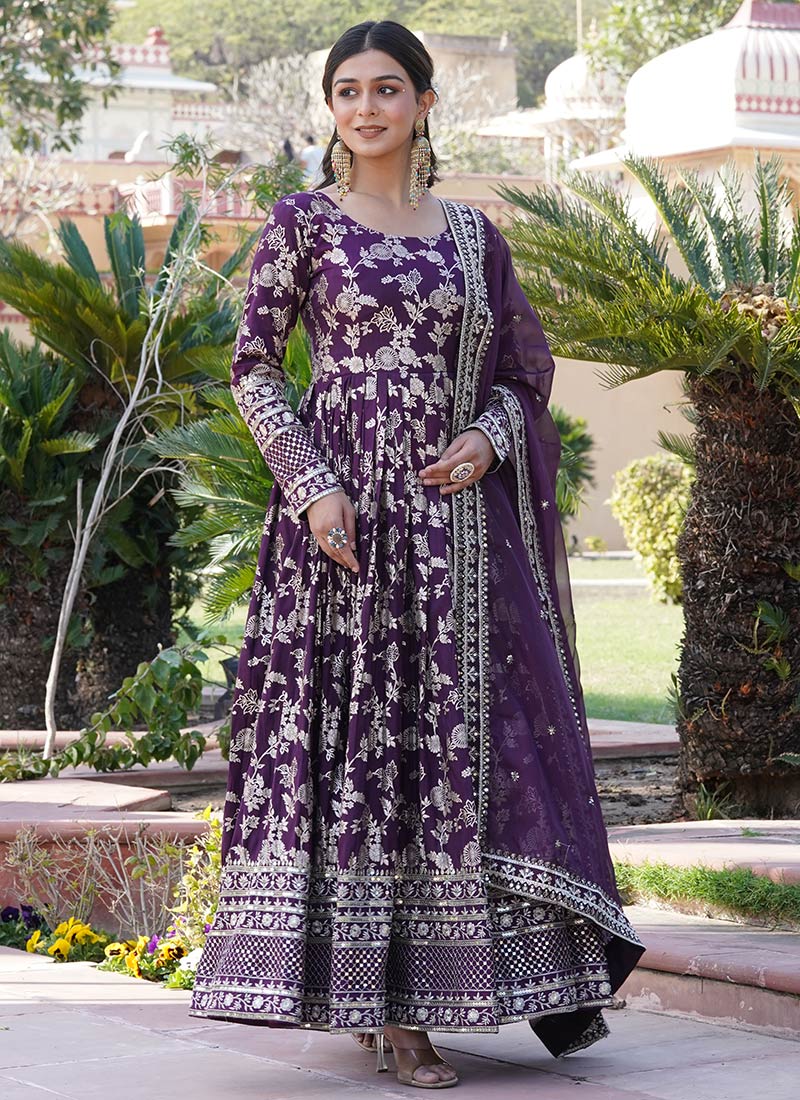 Purple Jacquard Embroidered Sequins Anarkali Gown Party Wear