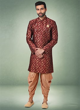 Wine Jacquard Silk Brocade Classic Sherwani