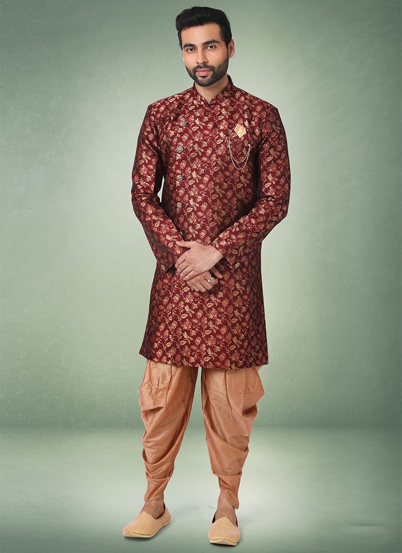 Wine Jacquard Silk Brocade Classic Sherwani Wedding Wear