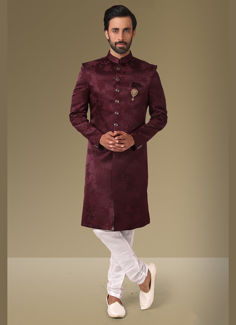 Wine Jacquard Silk Brocade Classic Sherwani Wedding Wear