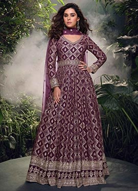 Wine Jacquard Silk Embroidered Sequins A Line Anarkali Suit Classy Wear